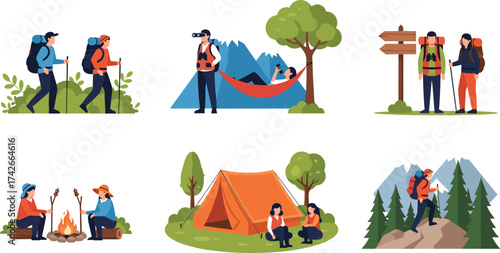 Camping and Hiking Silhouette Vector Set Featuring Outdoor Activities, Tents, Campfire, Hammock, Backpackers, Mountains, and Nature Exploration Scenes