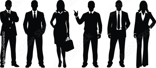 Business professional silhouettes, diverse men and women in formal attire, corporate team vector illustration for workplace, career, and diversity themes