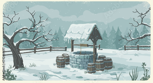 Snow-covered well surrounded by barrels and bare trees in winter landscape
