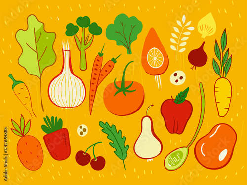 Colorful illustration of fresh fruits and vegetables on a vibrant yellow background.