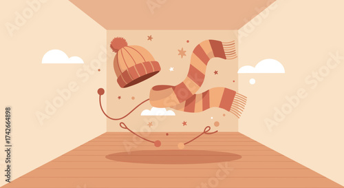 Winter hat and scarf floating in cozy room with warm color tones