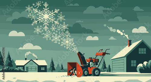 Snow blower clearing snow while creating a snowflake pattern in winter landscape