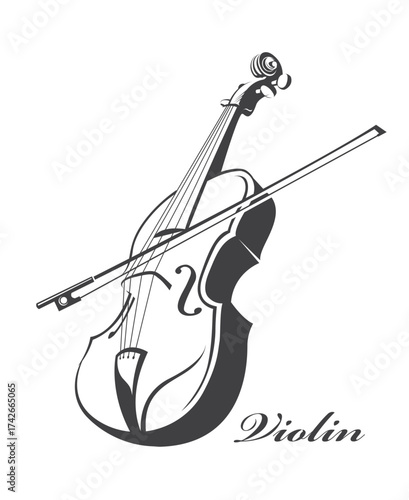 monochrome illustration of violin with bow isolated on white background