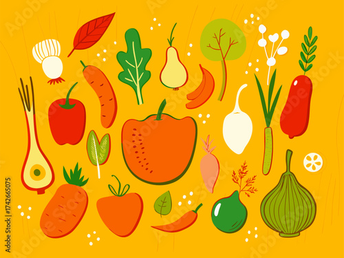 Colorful Flat Illustration of Fresh Vegetables and Fruits on Vibrant Background