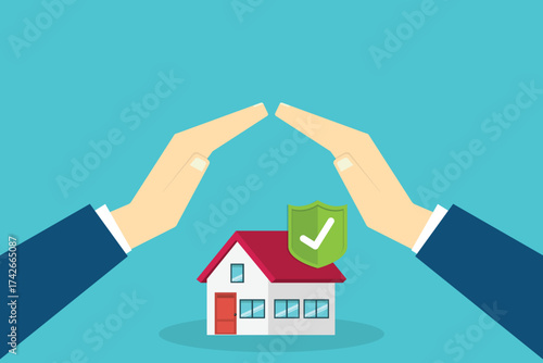 House with a protective hands. For security concepts, protection of private property. Insurance, mortgage, credit.	