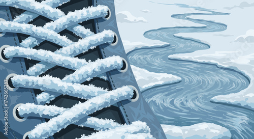 Close-up of snowy shoelaces with a winding river in a winter landscape