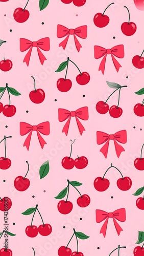 Whimsical pink background with cherries, bows, and scattered dots