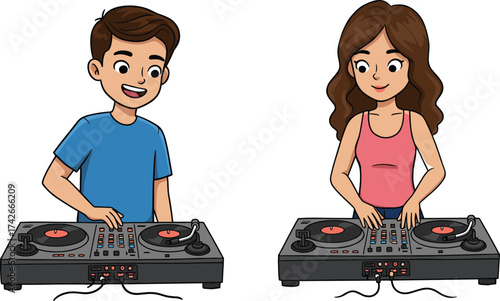 Cartoon DJ Duo Vector Featuring Boy and Girl Mixing Music, Turntables, Vinyl Records, Entertainment Scene, Sound Equipment, Party Vibe