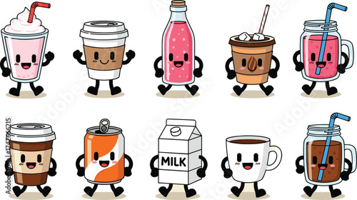 Cartoon drink characters, beverage illustration, milkshake, soda, coffee, juice, milk carton, smiling face, playful design, colorful container set