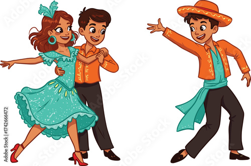 Cartoon Mexican Dance Vector Featuring Traditional Costume, Folkloric Movement, Cultural Celebration, Festive Pose, Colorful Attire, Heritage Performance Scene