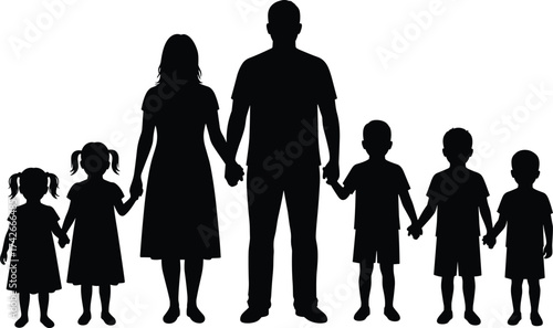 Happy family silhouette illustration of parents and children holding hands together in unity concept vector for love and togetherness design