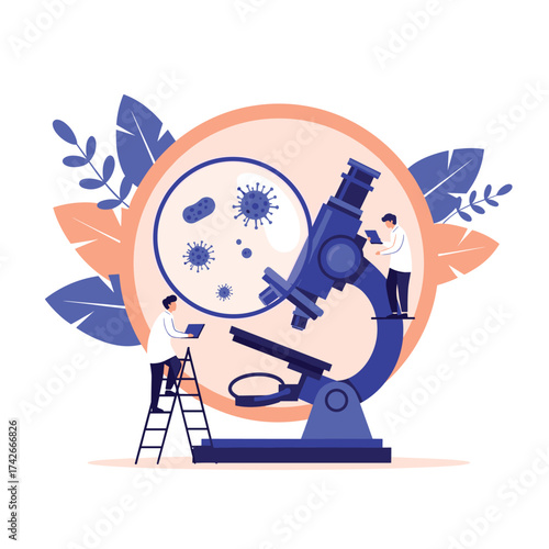 Scientists examine microorganisms under a microscope.