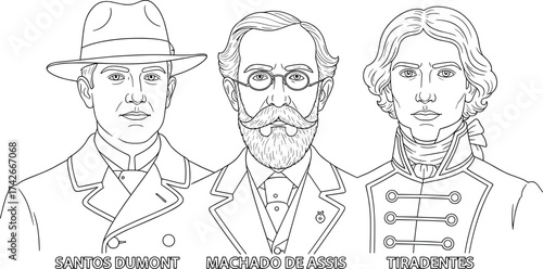 Brazilian historical figure portraits, Santos Dumont, Machado de Assis, Tiradentes, black and white line drawing, national heroes, cultural icons, vector illustration