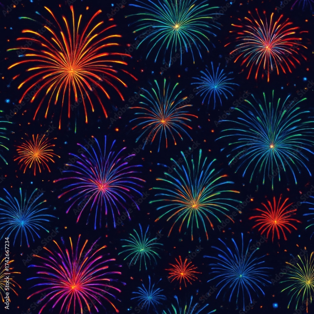 Naklejka premium Vibrant Multicolored Fireworks Display Against Night Sky