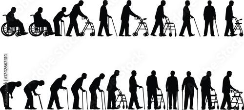 Elderly Mobility Silhouette Vector Showing Aging Progression, Wheelchair to Standing, Walker Use, Physical Support, Care, Health, Rehabilitation