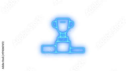 Glowing neon trophy cup on podium icon isolated on transparent background, award, winner, success, championship, or achievement