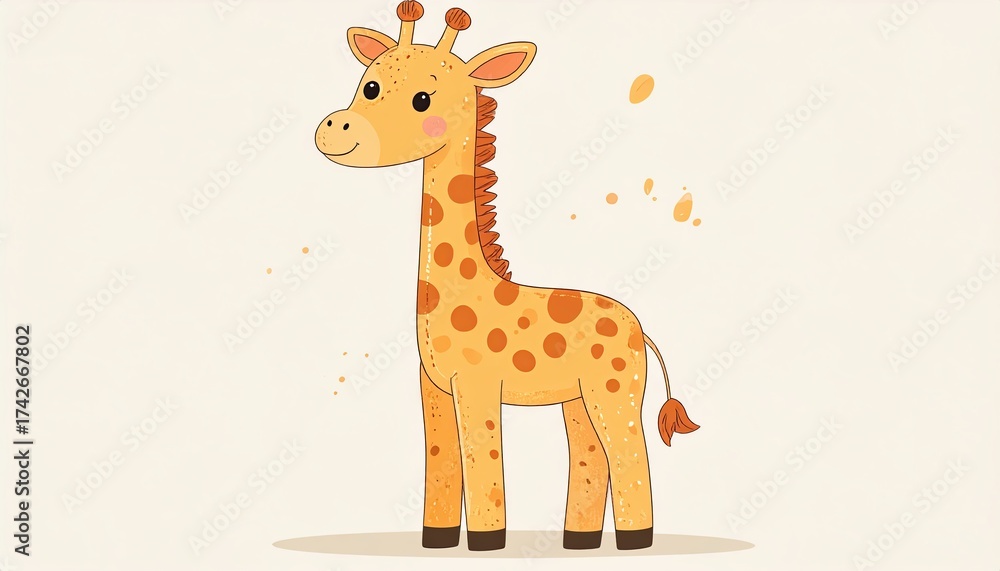 Fototapeta premium Charming Giraffe Illustration, Manga Style, Ivory Background, Digital Art, Whimsical Environment, Playful Concept