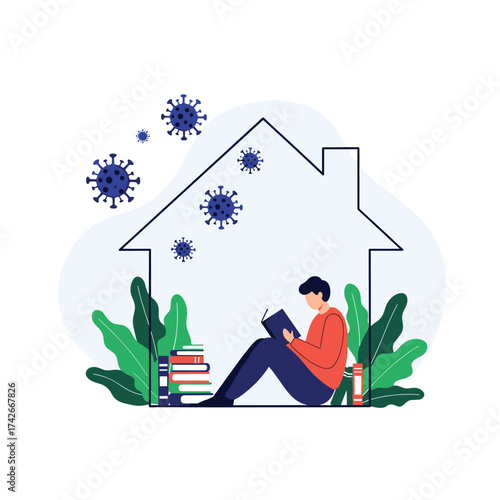 Man reading books indoors during a pandemic.