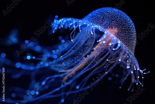 A Bioluminescent Jellyfish Drifting in Dark Ocean