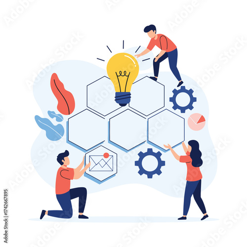 Teamwork and innovation come together to create new ideas.