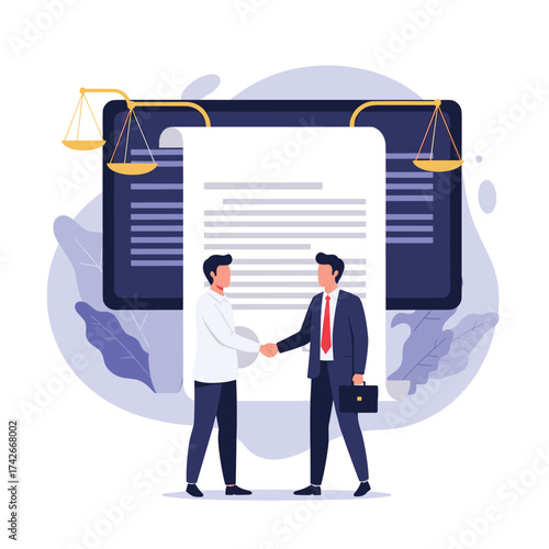 Two businessmen shaking hands over a contract with scales of justice in the background.