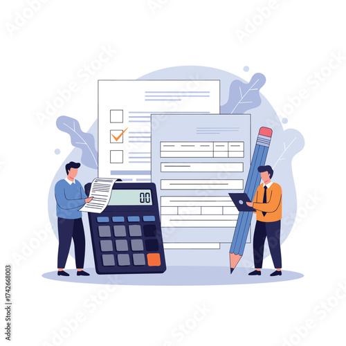 Two accountants review financial documents and use a calculator and laptop.