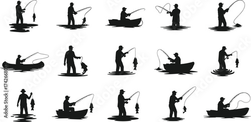 Fishing silhouette bundle with rods, boats, and fish catch scenes, black vector icons for outdoor sport, hobby, and nature themes