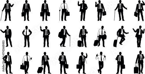 Business silhouette grid, professional poses, corporate attire, briefcase icons, walking gestures, career concept, black and white, office theme, vector illustration, mobility