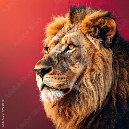 Majestic Lion Portrait, Minimalist Style, Ruby Red Background, Photography, Artistic Capture, Close-Up View, Wild Animal Concept