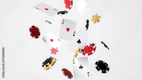 Falling aces and casino chips on white background. Playing cards, red and black money chips. Gambling Poker and card games