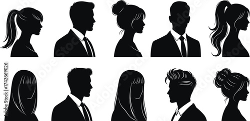 Human Profile Silhouette Set with Diverse Hairstyles and Attire, Black Vector Icons for Fashion, Character Design, Style, and Identity Themes