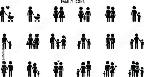 Modern family icons collection showing parents, children, couples, and love relationships in minimalist black silhouette vector design for lifestyle concepts