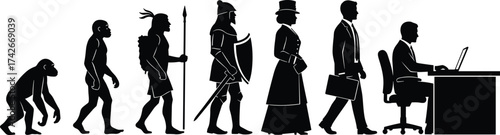 Human evolution silhouette from primate to modern worker, cultural and biological progression concept, historical timeline vector illustration in black