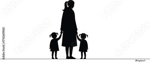 Mother holding hands with two little daughters standing together family love parenting care silhouette vector illustration on white background