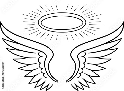 Holy religious heaven angel wings and halo outline vector black icon isolated illustration image decal design