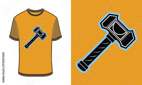 Stylized Tshirt mockup hammer with light blue outline orange tool weapon