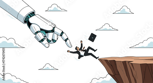 Businessman falling, robotic hand push, automation threat, AI displacement, job loss concept, technology impact, corporate risk, vector illustration, dramatic metaphor, workplace change