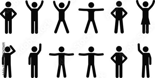 Stick figure silhouettes in varied poses and gestures for communication, instruction, minimal design, and expressive vector illustration themes