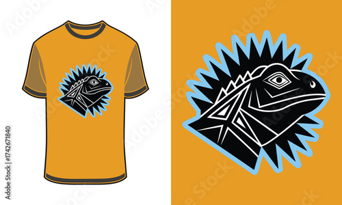 Stylized Tshirt mockup iguana head with spiky blue crest orange reptile animal