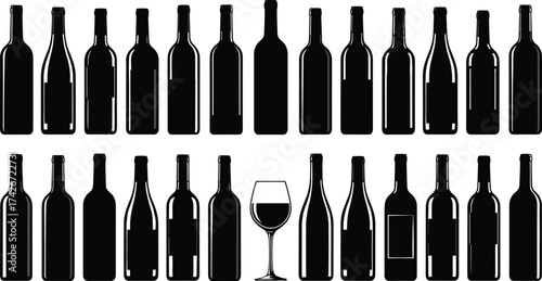 Wine bottles and glass in symmetrical rows, minimal vector design for beverage, alcohol, winery, tasting, and pattern recognition themes