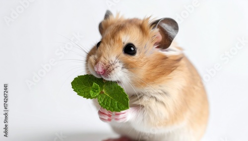 Hamster eating mint with on white background, pet animal, and studio shot.