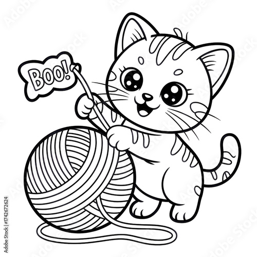 Whimsical Halloween cat silhouette playing with yarn and saying BOO! A cute and playful design for seasonal crafts and decorations, originally a vector graphic.