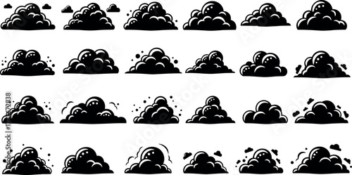Cartoon dust cloud explosion sequence, dynamic smoke puff illustration set, animation frame vector, impact and movement design, comic-style blast artwork