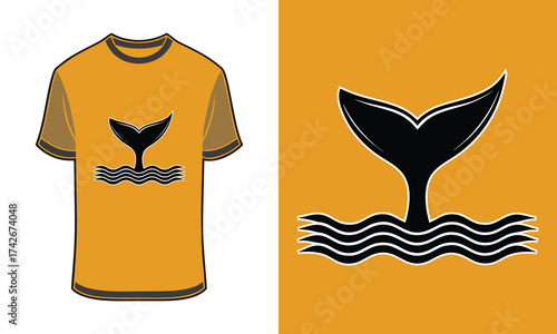 Stylized Tshirt mockup whale tail above wavy water orange ocean