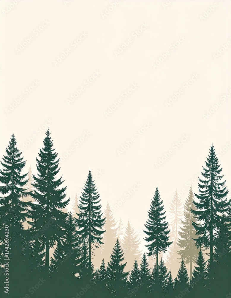 Obraz premium Nature Landscape, Evergreen Trees, Serene Forest, Minimal Artwork, Calm Environment, Artistic Viewpoint, Firefly Concept