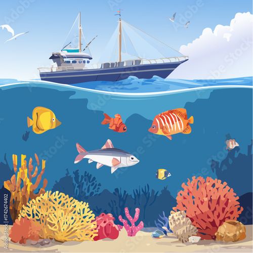 Marine life vector illustration with colorful fish and coral reef under the sea with sailboat fishing vessel sailing in the clear azure waters