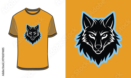 Stylized Tshirt mockup wolf head graphic with blue outline orange animal
