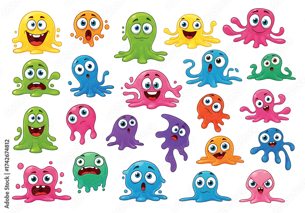 Obraz premium A vibrant collection of cute colorful cartoon monsters with big eyes and expressive faces showing various emotions like joy surprise and fear.