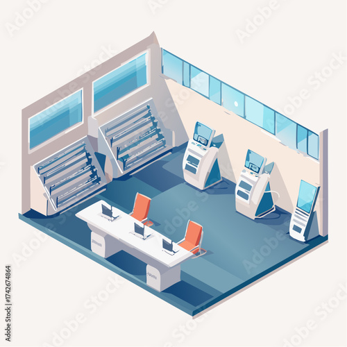 Isometric view of a modern bank interior with automated teller machines and customer service desk including laptops and colorful chairs