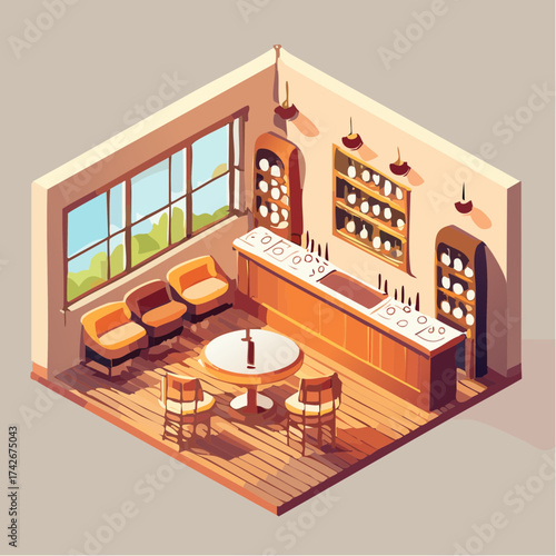 Isometric view of a cozy bar interior with vintage furniture, window,  round tables, chairs, shelves and counter - illustration